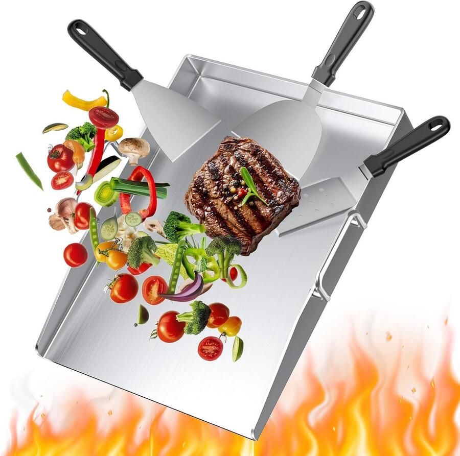 Massieve RVS Grillplaat 40x30 cm voor Gas en Houtskoolbarbecue Inclusief Spatels