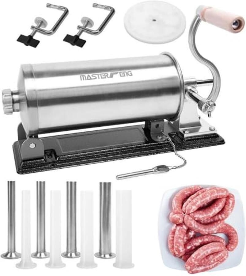 MASTER FENG Horizontale worstvuller met 8 vultrechters en 1 siliconen kolf [6 0 LBS capaciteit]