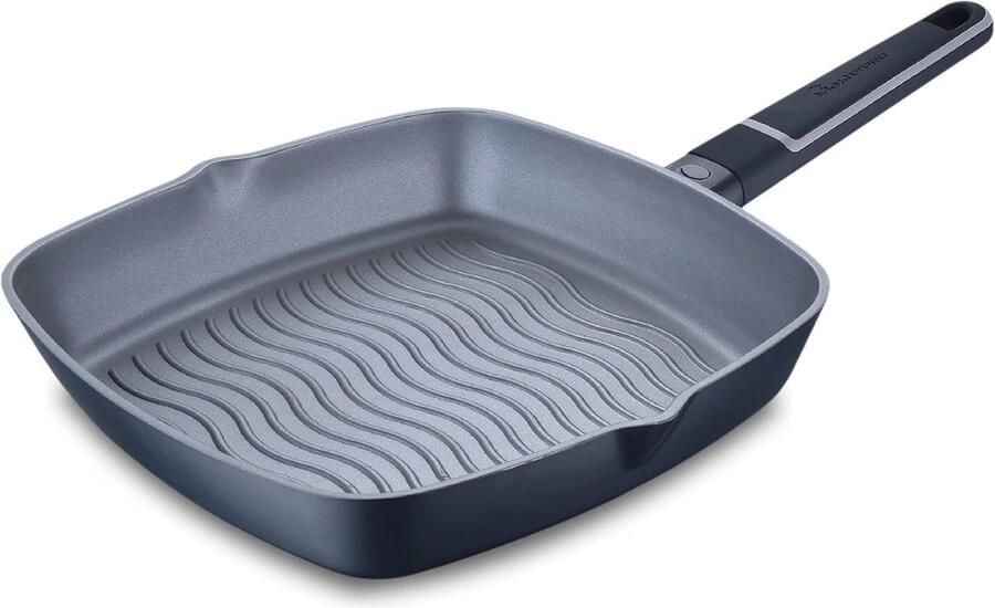 MasterPRO Indigo Frying Pan with Grill Grate 28 cm Silk and 5.5 cm Height Cast Aluminium Maximum Non-Stick Coating Soft-Touch Handle for All Heat Sources