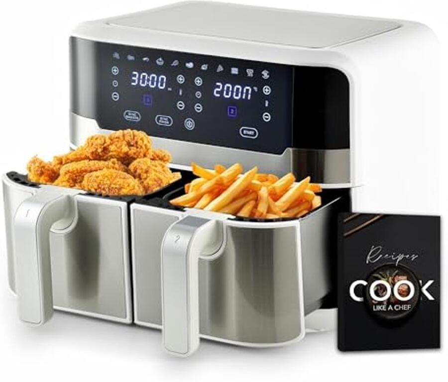 MasterPro Rocket Duo 900 Heteluchtfriteuse dubbel wit 9 liter inhoud en 2100 W vermogen led-touchscreen en mand met antiaanbaklaag friteuse 11 functies in 1