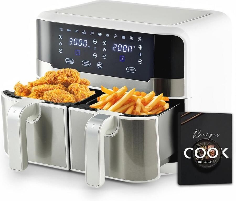 MasterPro Rocket Duo 900 Heteluchtfriteuse dubbel wit 9 liter inhoud en 2100 W vermogen led-touchscreen en mand met antiaanbaklaag friteuse 11 functies in 1