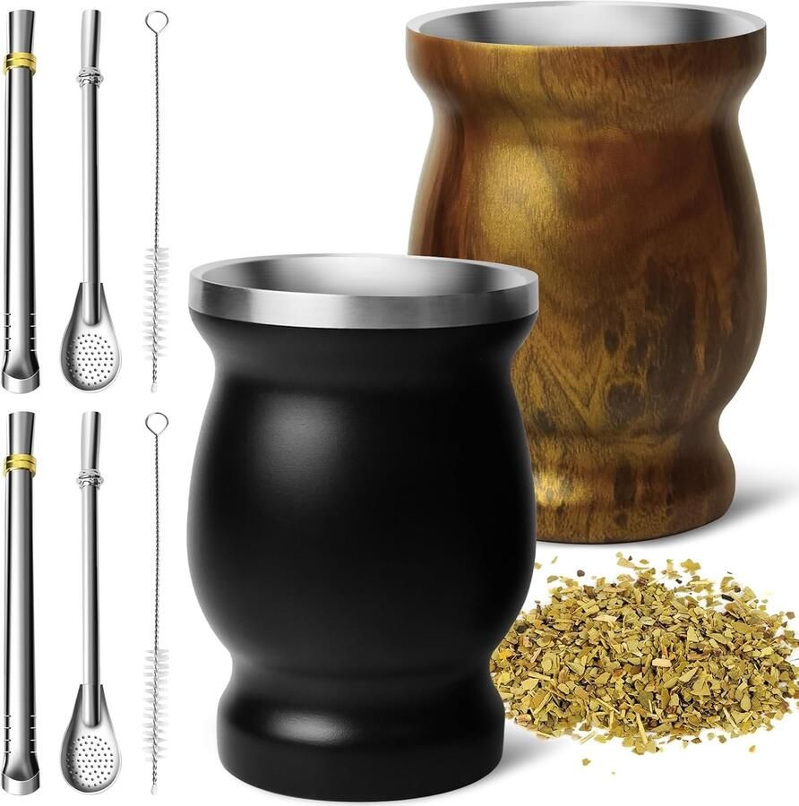 Mate Cup Set van 8 roestvrij staal 2 dubbelwandige bekers