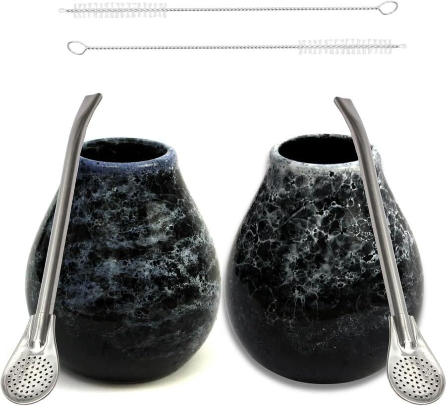 Mate-Tea Kalebasse set voor twee ● Mate theebeker Marmol Blue en Dark 350 ml ● Keramische mok ● Roestvrij stalen drinkrietje Bombilla 19 cm ● Reinigingsborstel