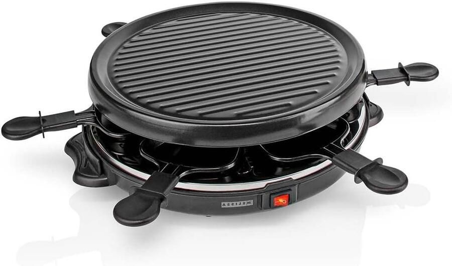 Melissa Raclette Gourmet Tafelgrill met antiaanbaklaag 800 W grillplaat van 29 cm 6 pannetjes en houten spatels voor 6 personen