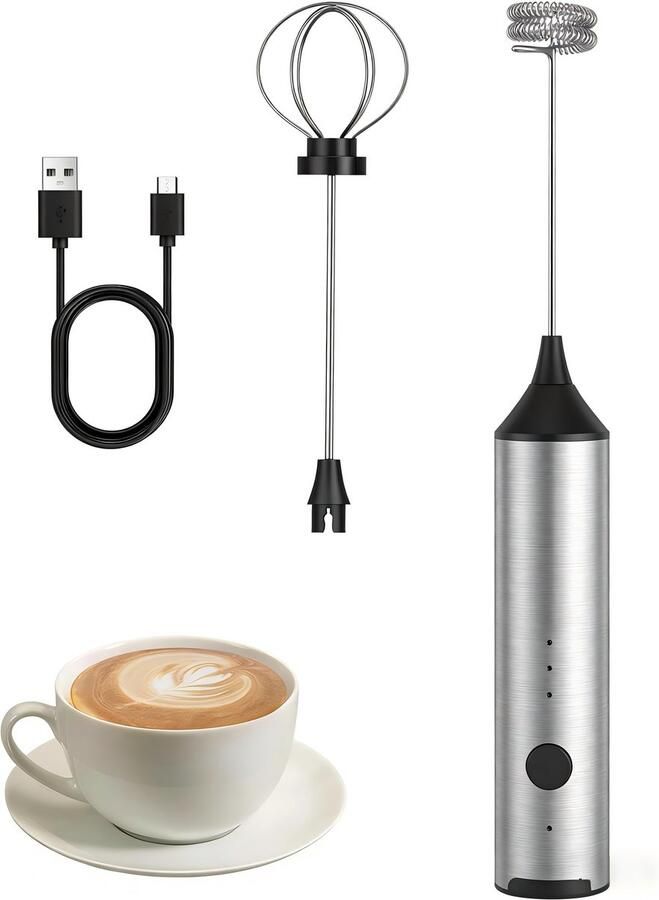 Melkklopper Lektrische Melkopschuimer Melk Opschuimer Handmatig Oplaadbare Koffiegarde Met Dubbellaags Schuimkop Met 3 Snelheden 2 Detachable Stainless Steel Whisks Voor Latte Cappuccino Warme Chocolademelk Matcha Zilver
