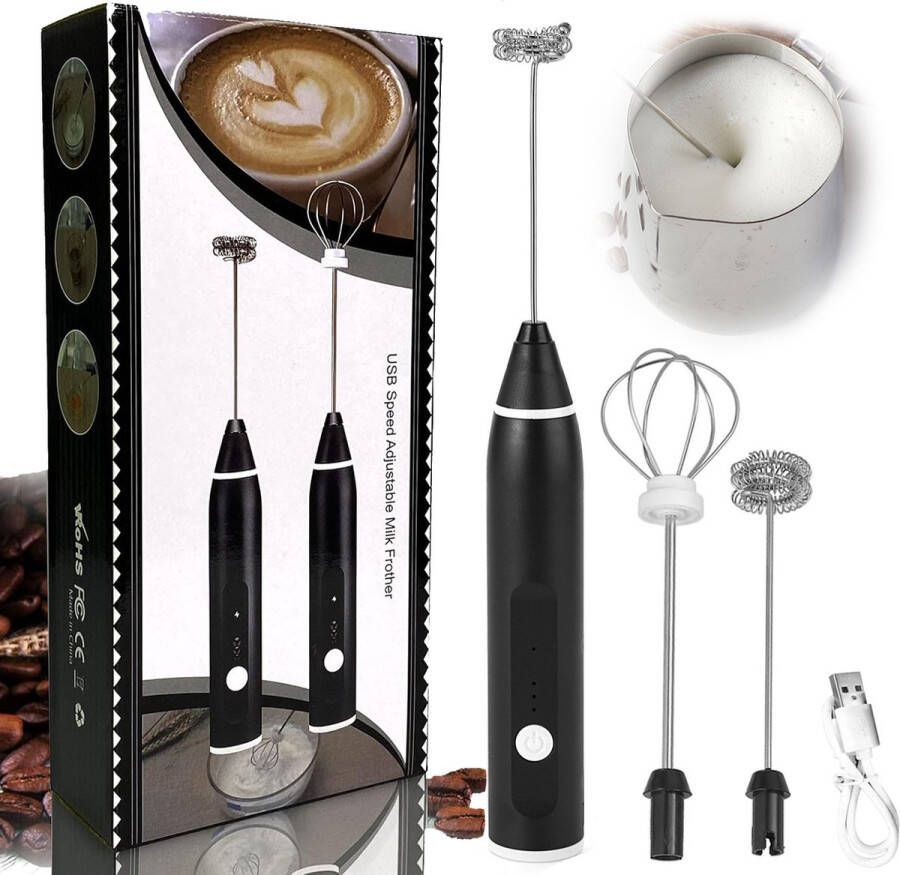 Melkopschuimer-2 opzetstukken -Snelle luchtbellen-USB-oplaadbaar-3 snelheden instelbaar-Lage ruis-Geschikt voor het kloppen van eieren en het opschuimen van melk