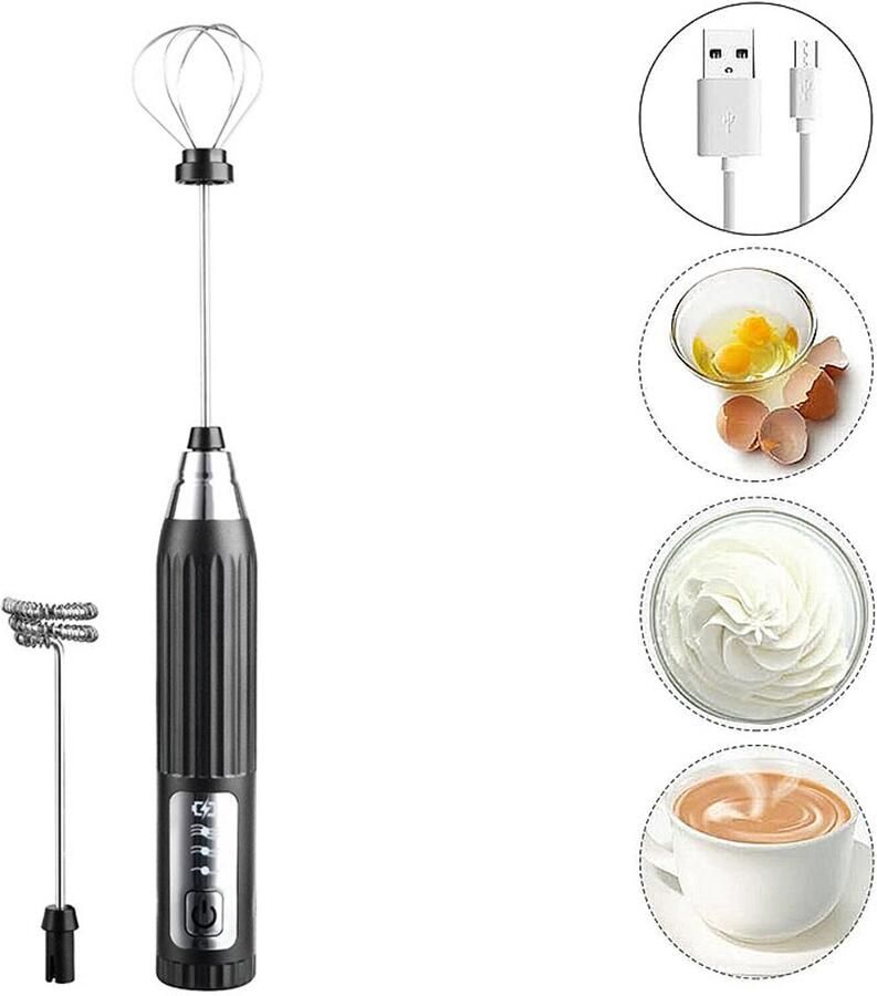 Melkopschuimer electrisch- melkopschuimer elektrisch-melkklopper-melk opschuimer-melkopschuimer oplaadbaar-melkopschuimers-Elektrische Melkopschuimer met 3 Standen-Matcha klopper-voor Latte & Matcha-Zwart en zilver