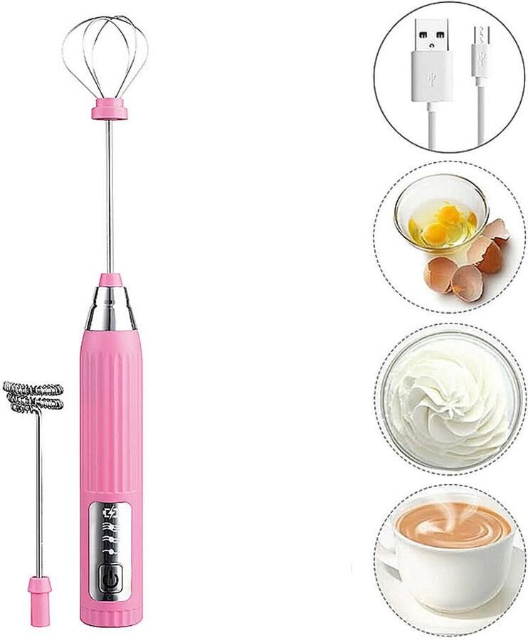 Melkopschuimer electrisch- melkopschuimer elektrisch-melkklopper-melk opschuimer-melkopschuimer oplaadbaar-melkopschuimers-Elektrische Melkopschuimer met 3 Standen-Matcha klopper-voor Latte & Matcha- Roze zilver