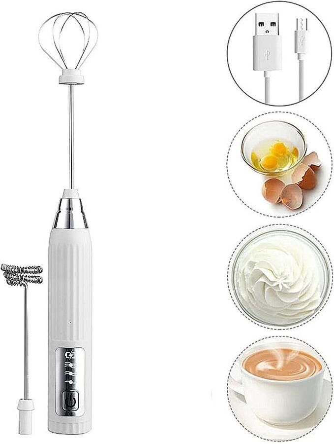 Melkopschuimer electrisch- melkopschuimer elektrisch-melkklopper-melk opschuimer-melkopschuimer oplaadbaar-melkopschuimers-Elektrische Melkopschuimer met 3 Standen-Matcha klopper-voor Latte & Matcha- Wit Zilver
