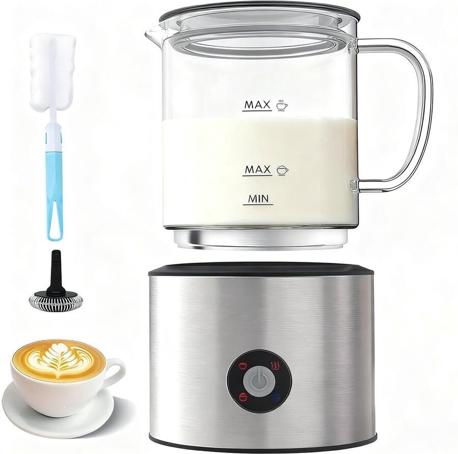 Melkopschuimer elektrisch 4-in-1 melkopschuimer inductie 500 ml koud warm automatisch vaatwasmachinebestendig afneembaar visueel glas voor koffie en latte