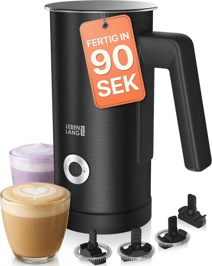 Melkopschuimer Elektrisch 4-in-1 RVS 300ml Met Anti-aanbaklaag en 3 Opzetstukken Voor Koffieliefhebbers