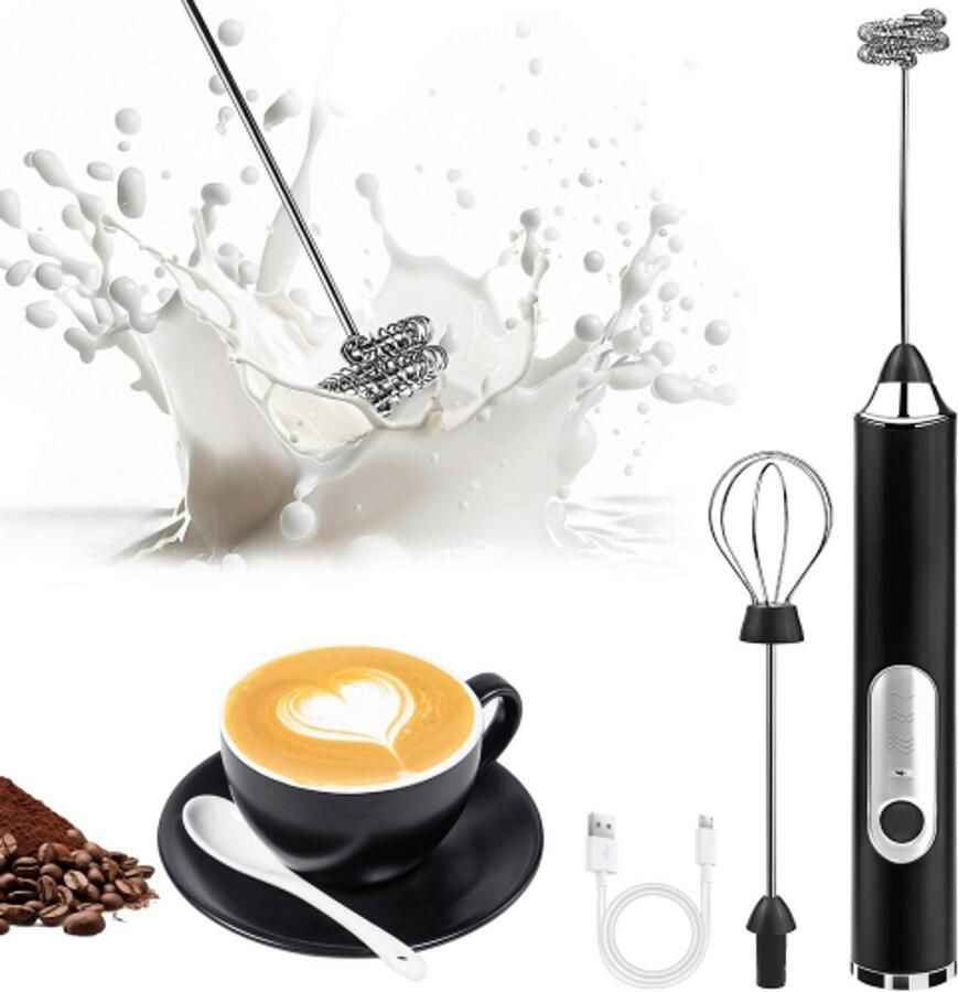 Melkopschuimer elektrisch Melkopschuimers Handmelkschuimer Koffieschuimstaaf Roestvrijstalen gardes 3 snelheden Drankmixer Elektrische schuimmaker Latte Cappuccino Matcha Geschenkset Zwart