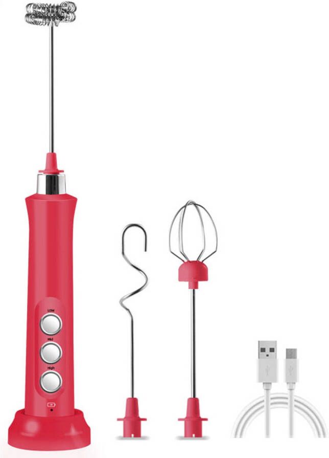 Melkopschuimer elektrisch Melkopschuimers Melkopschuimer electrisch USB oplaadbare melkopschuimer 3-snelheden elektrische schuimmaker Met roestvrijstalen garde Voor koffie-cappuccino-latte-matcha-eiwitpoeder Rozerood