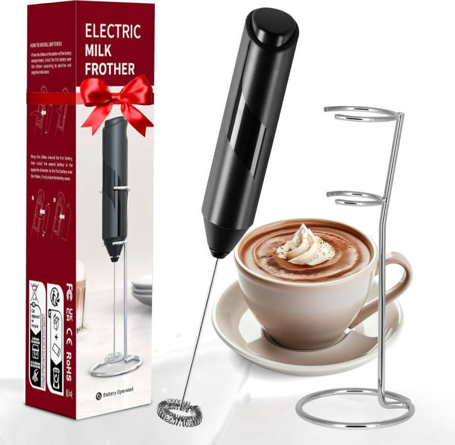 Melkopschuimer-elektrische Melkopschuimer-melkklopper -handheld roestvrijstalen standaard op batterijen werkende eierklopper drankmixer geschikt voor koffie smoothies latte matcha zwart-22x9x2.7cm