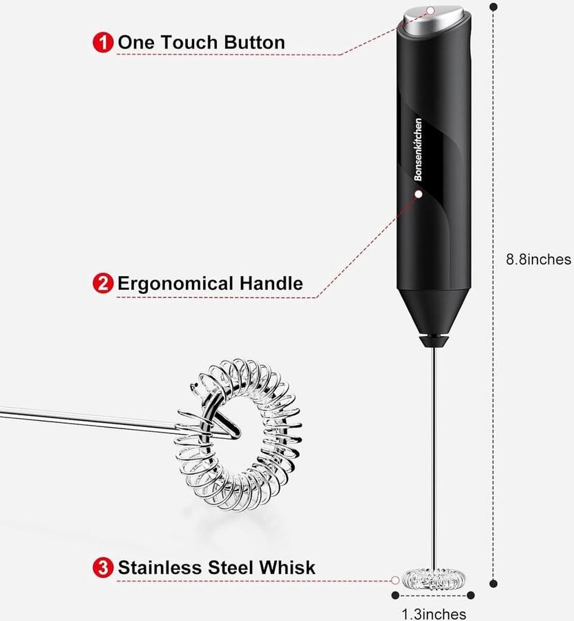 Melkopschuimer Handheld RVS Garde Compact & Licht Batterij Aangedreven Zwart