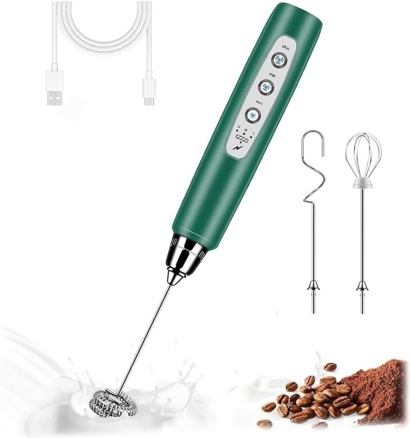 Melkopschuimer Handmatig Drankmixer Elektrisch Koffie Maken 3 Snelheden 3 Opzetstukken USB-C Oplaadbaar Groen