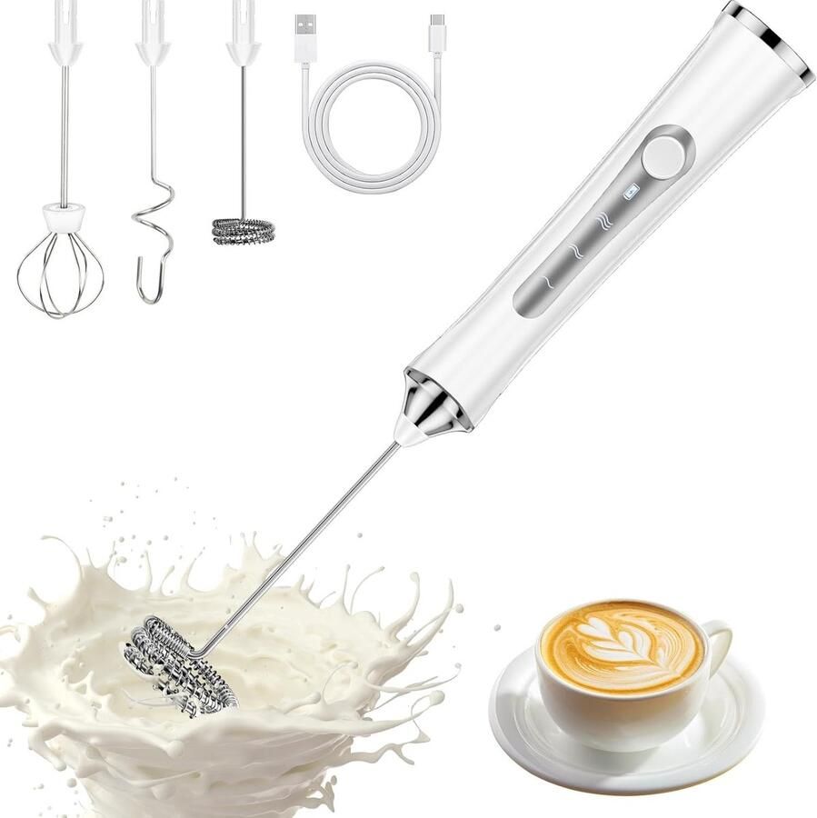 Melkopschuimer handmatig oplaadbaar Wit 3 Snelheden Draagbaar Voor Koffie en Cappuccino