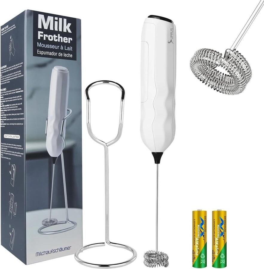 Melkopschuimer Handmatig Oplaadbaar Wit Dubbele Whisk Voor Lattes en Cappuccino