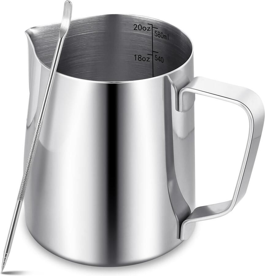Melkopschuimer kan voor koffiemachine 600ml 20oz 304 roestvrijstalen melkkop met pen metalen barista-accessoires voor cappuccino latte en espresso vaatwasmachinebestendig