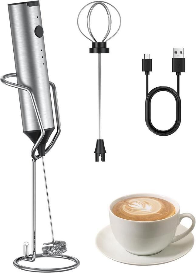 Melkopschuimer Koffie Mixer Dranken Bereiden Oplaadbaar Met Stand 3 Snelheden Zilver