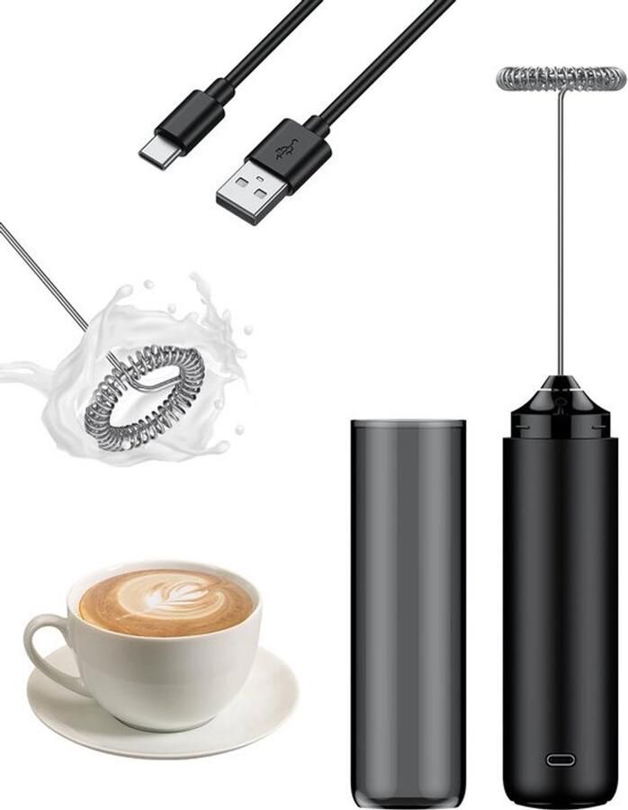 Melkopschuimer Koffie opschuimer Dranken maken Oplaadbaar via USB Compact formaat Zwart