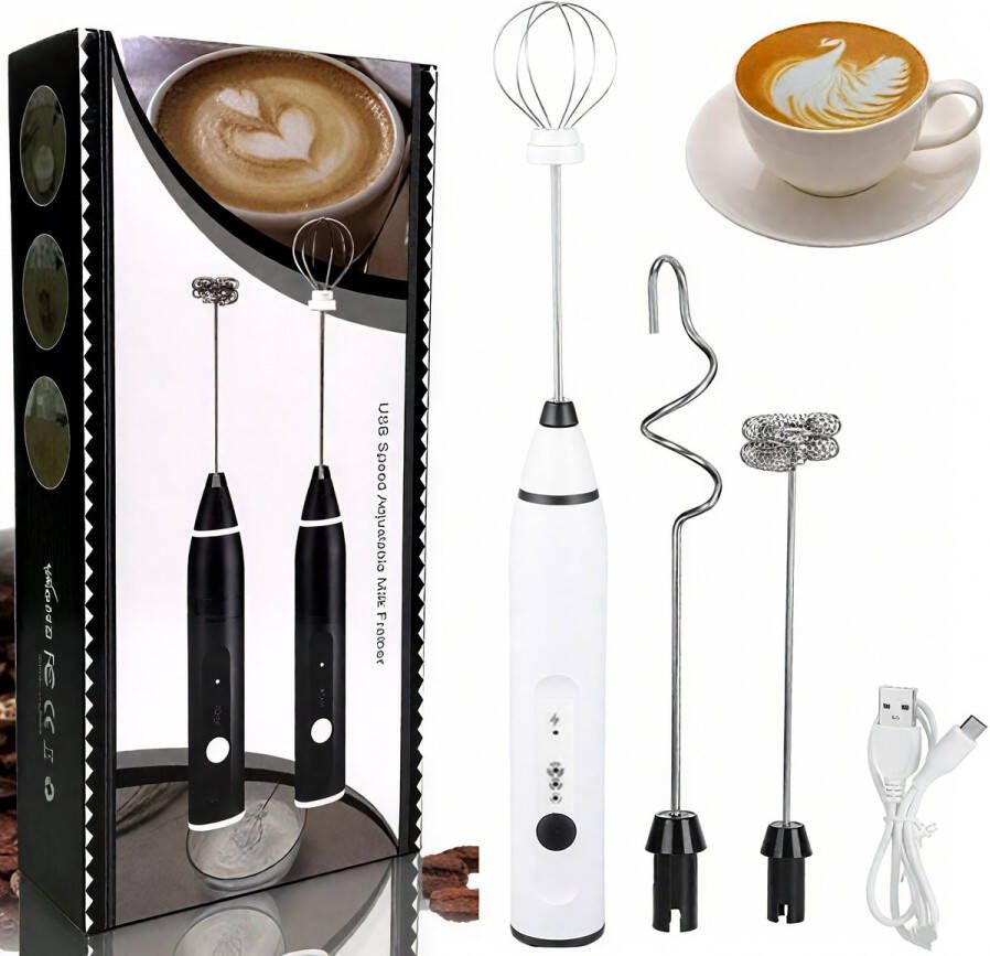 Melkopschuimer- melkopschuimer elektrisch-Oplaadbare melkopschuimer-Handzame elektrische opschuimer- Met 2 roestvrijstalen koppen- Miniblender met 3 snelheden-ideaal voor koffie Egg Wash- Latte Cappuccino- Warme chocolademelk Matcha (wit 27*3*3)