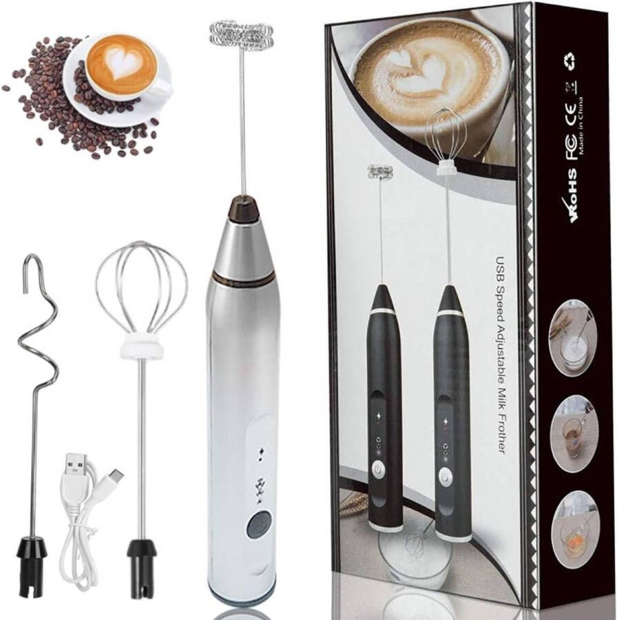 Melkopschuimer- melkopschuimer elektrisch-Oplaadbare melkopschuimer-Handzame elektrische opschuimer- Met 2 roestvrijstalen koppen- Miniblender met 3 snelheden-ideaal voor koffie Egg Wash- Latte Cappuccino- Warme chocolademelk Matcha (zilver 27*3*