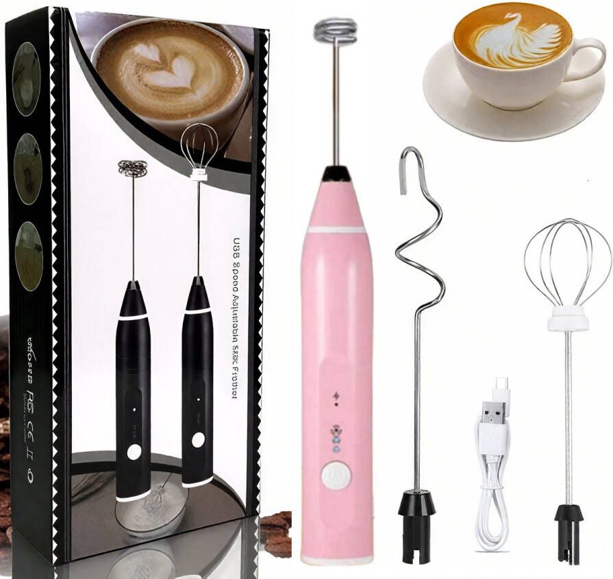 Melkopschuimer- melkopschuimer elektrisch-Oplaadbare melkopschuimer-Handzame elektrische opschuimer- Met 2 roestvrijstalen koppen- Miniblender met 3 snelheden-ideaal voor koffie Egg Wash- Latte Cappuccino- Warme chocolademelk Matcha (roze 27*3*3)