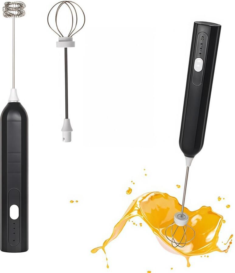 Melkopschuimer Melkopschuimers Melkopschuimer elektrisch Elektrische opschuimer Melkopschuimer electrisch USB oplaadbaar Draagbaar Mini garde met 2 kloppers Latte Cappuccino Ei Koffie Geschenkset Zwart