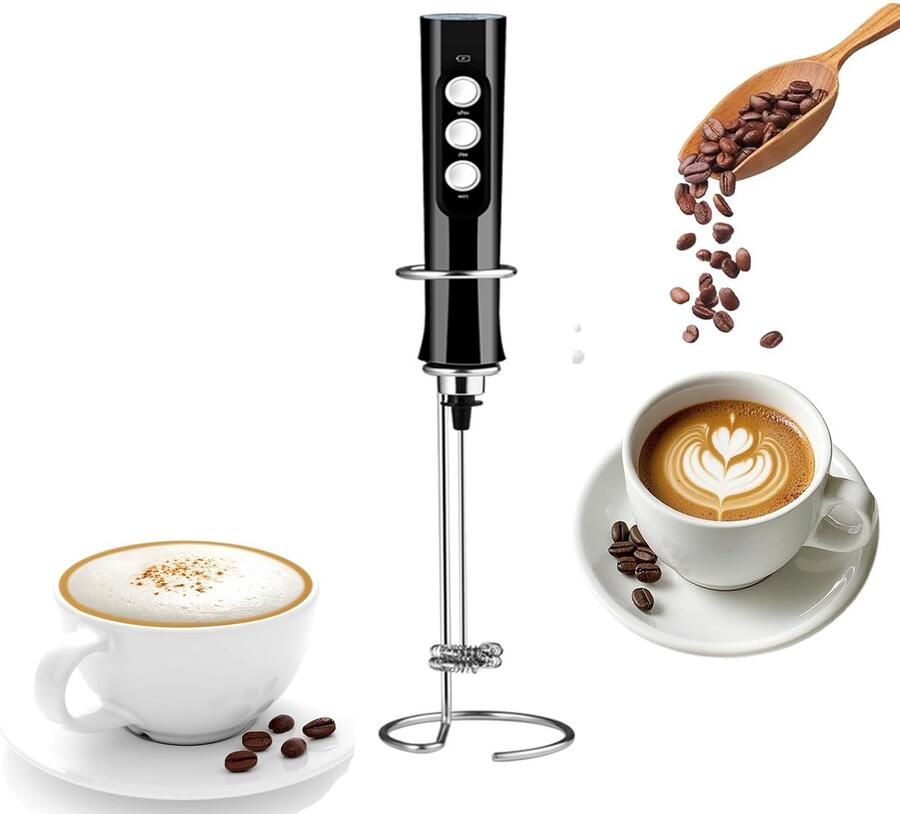 Melkopschuimer Professionele 3-in-1 USB-C Draadloze Elektrische Klopper met Oplaadstation 3 Snelheden & 3 Verwisselbare Koppen voor Cappuccino Latte Eieren Kloppen Ideaal Keukenmixer
