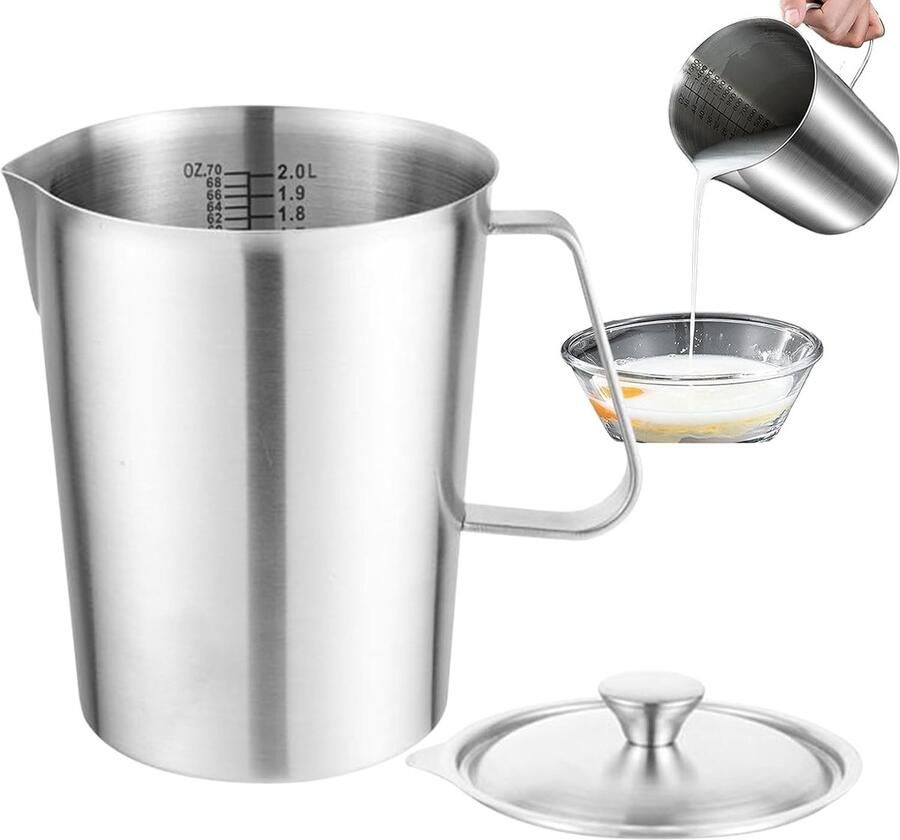 Melkopschuimer Roestvrij Staal Koffie Accessoire Dranken Bereiden Met Meetschaal 2000 ml Zilverkleurig