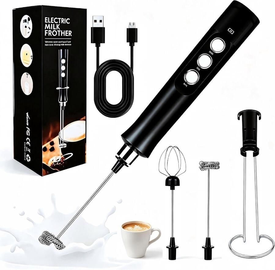 Melkopschuimer USB-C oplaadbaar van roestvrij staal met 3 snelheden en Standaard draagbare hand-melkopschuimer voor koffie latte cappuccino matcha room eieren (Zwart)