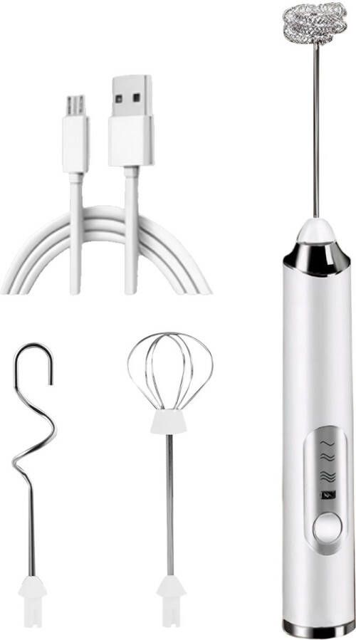 Melkopschuimer USB Elektrische melkopschuimer Elektrische garde Oplaadbare melkopschuimer met 3 gardes voor koffie latte slagroom opgeklopte eieren Wit