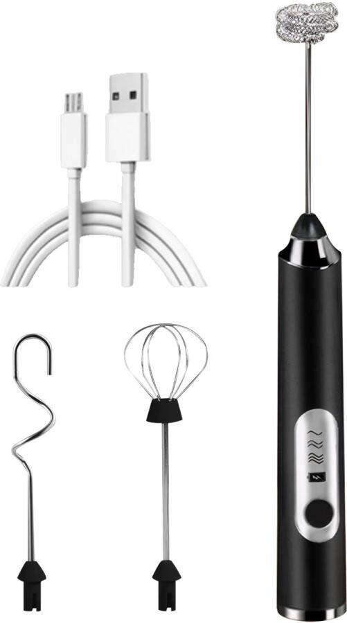 Melkopschuimer USB Elektrische melkopschuimer Elektrische garde Oplaadbare melkopschuimer met 3 gardes voor koffie latte slagroom opgeklopte eieren Zwart
