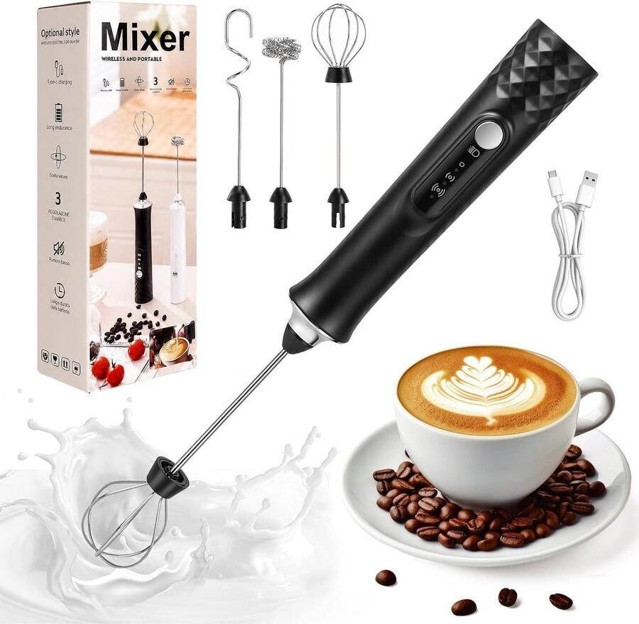 Melkopschuimer Zwart 30 x 3 cm Oplaadbare Handmelkopschuimer met 3 Snelheden Voor Koffie en Koken