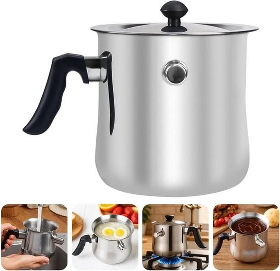 Melkpan met deksel Oliepan Puddingpan Melk Verwarmen Dubbelwandig RVS 15 liter Zilver