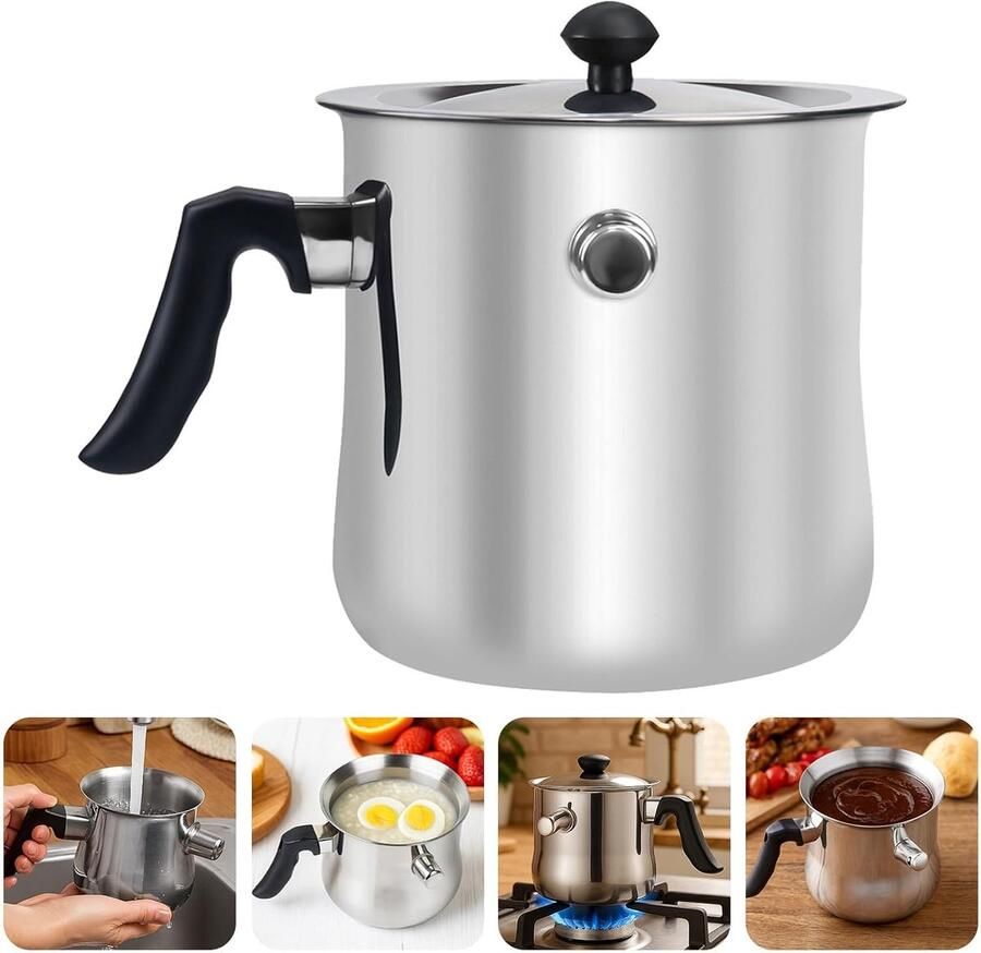 Melkpan met deksel Oliepan Puddingpan Melk Verwarmen Dubbelwandig RVS 15 liter Zilver