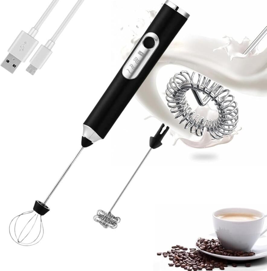 Melkschuimer Handheld Koffie Garde Dranken Maken Oplaadbaar USB 1500mAh Batterij Zwart