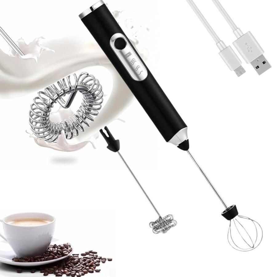 Melkschuimer Handheld Koffie Garde Dranken Mixen Oplaadbaar USB 1500mAh Batterij Zwart