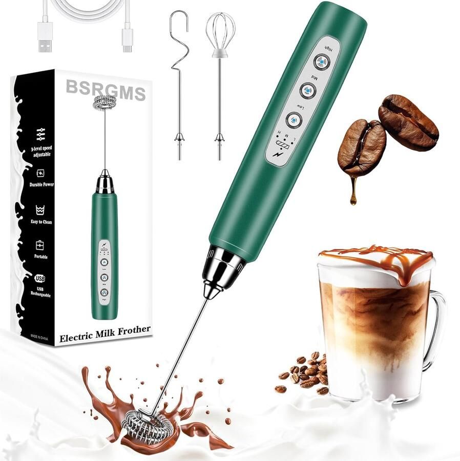 Melkschuimer Handmatig Elektrische Garde Koffie Drankjes Maken 3 Snelheden Instelbaar USB Oplaadbaar Groen