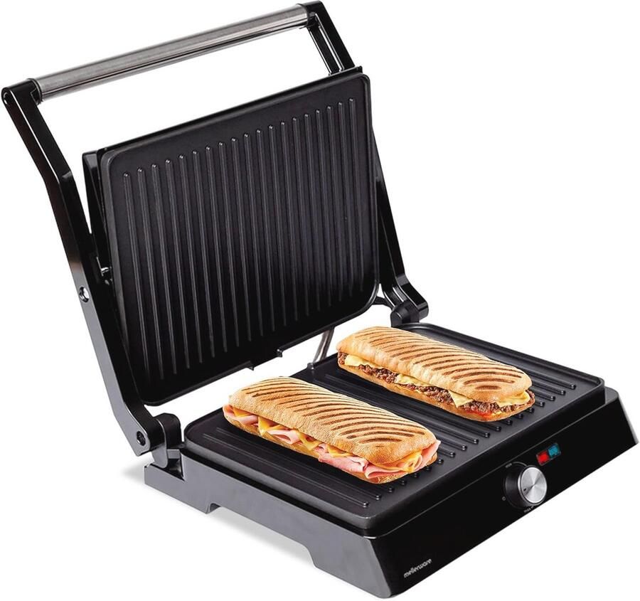 Mellerware ES9680050L Lekker! 2200 W elektrische grill antiaanbaklaag LED-temperatuurregeling 180º opening aanpasbare platen groot oppervlak 29 × 46 cm roestvrijstalen grill PFOA-vrij meerkleuren