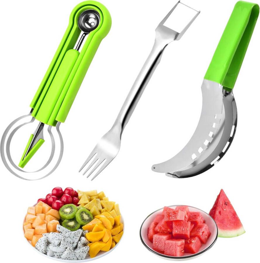 Meloensnijder 3 stuks roestvrij staal watermeloensnijder fruitsnijmes vorksnijder snijder multifunctioneel fruitmes voor watermeloen cantaloupe papaja drakenfruit