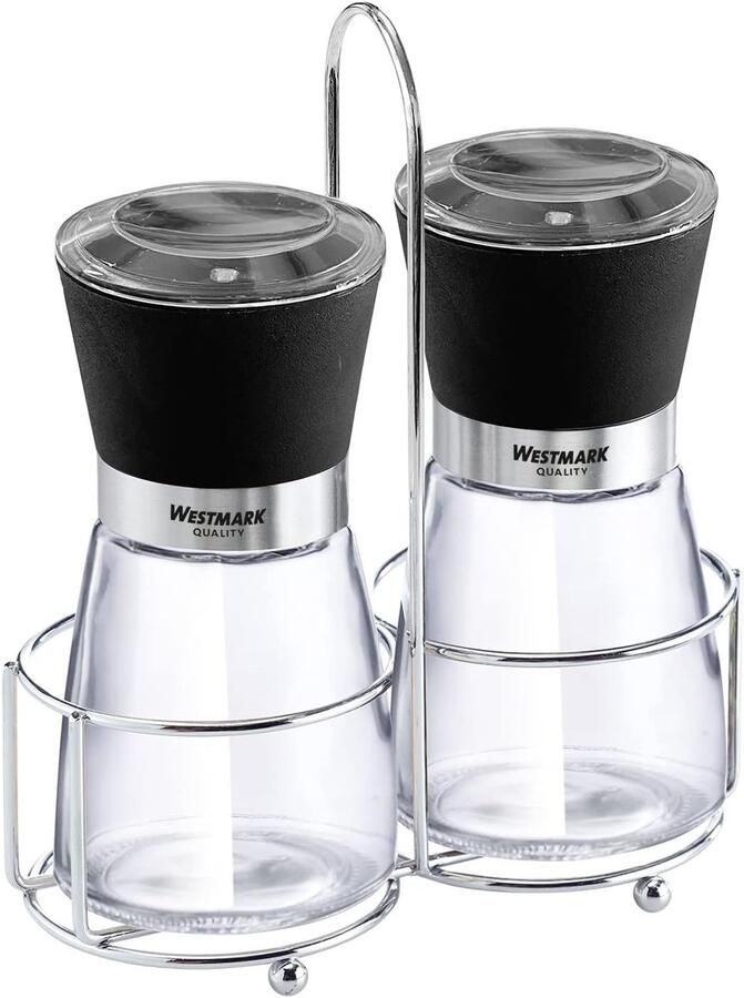 Menage kruidenmolen 3-delig zout- en pepermolen + standaard met draaggreep kunststof glas keramiek Blacky transparant zwart zilver 63572260