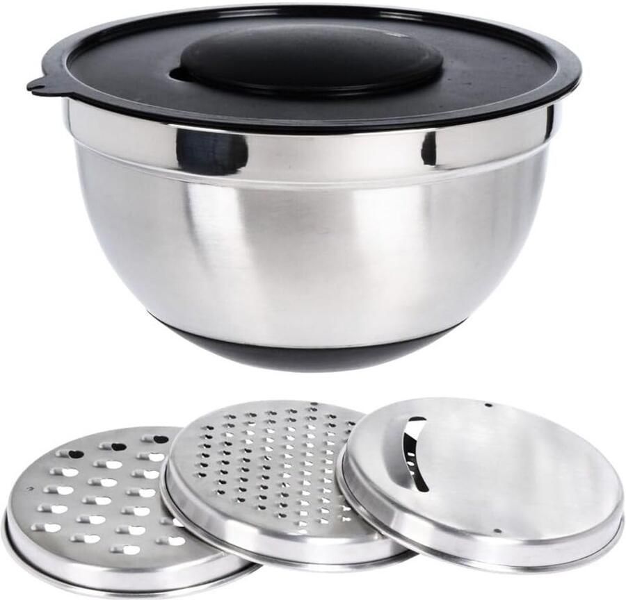 Mengkom met deksel RVS Keukenkom Bereiden van voedsel Inclusief rasp set Ø 27 cm Zilver