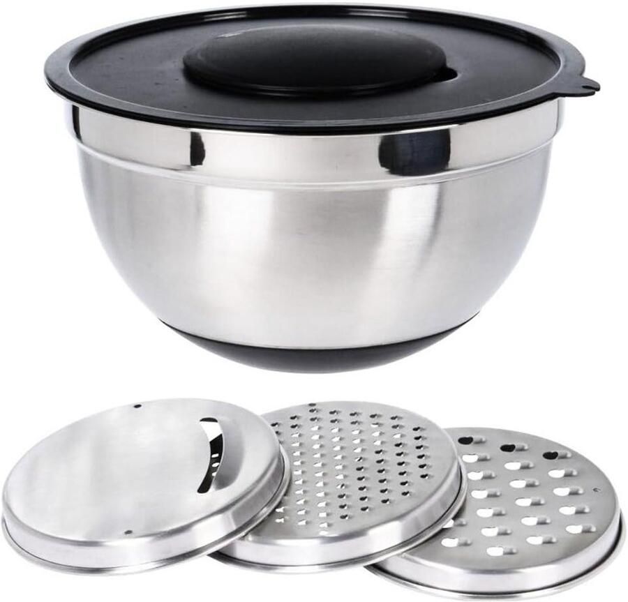 Mengkom met deksel RVS kom set Keukenwerk vereenvoudigen Inclusief 3 raspen 27 cm diameter Zilver