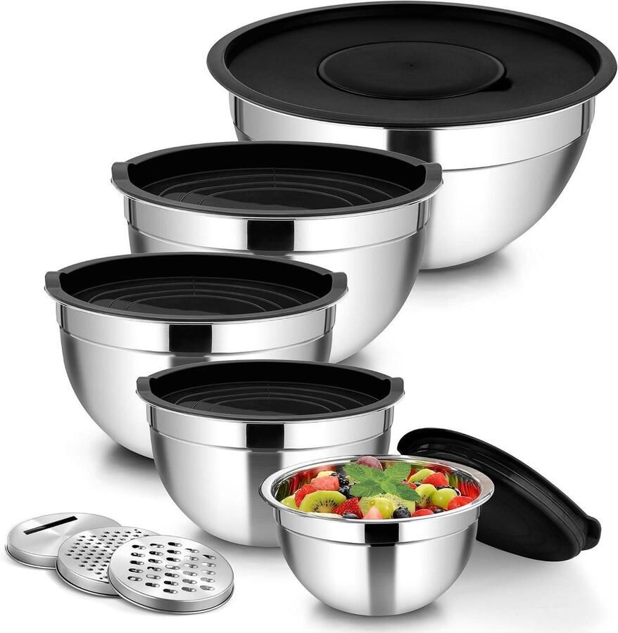Mengkom Set Saladekommen met deksel Keukenwerkzaamheden Met rasp opzetstukken 5 Delig Zwart