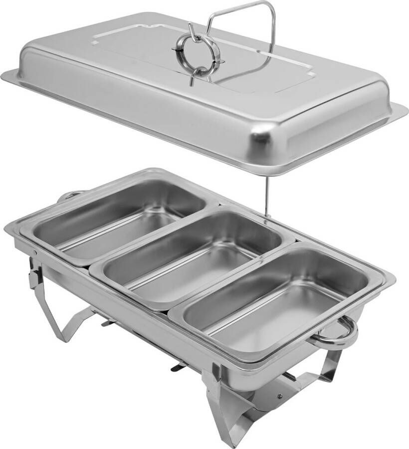 Mercadome Buffetwarmer Warmhoudplaat Chafing Dish Bain Marie 3 compartimenten Grote capaciteit Eenvoudige reiniging Zilver 55x35x26cm