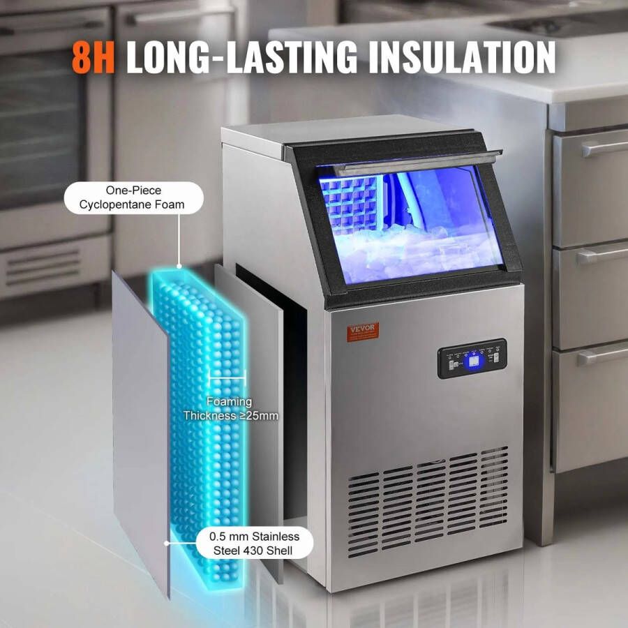 Dakta Commerciële ijsblokjesmachine ijsmachine 45 kg 24 uur lichte ijsblokjesmachine 12 5 kg ijsopslagcapaciteit 45 stuks ijsblokjes roestvrijstalen ijsblokjesmachine inclusief waterfilter en ijsschep