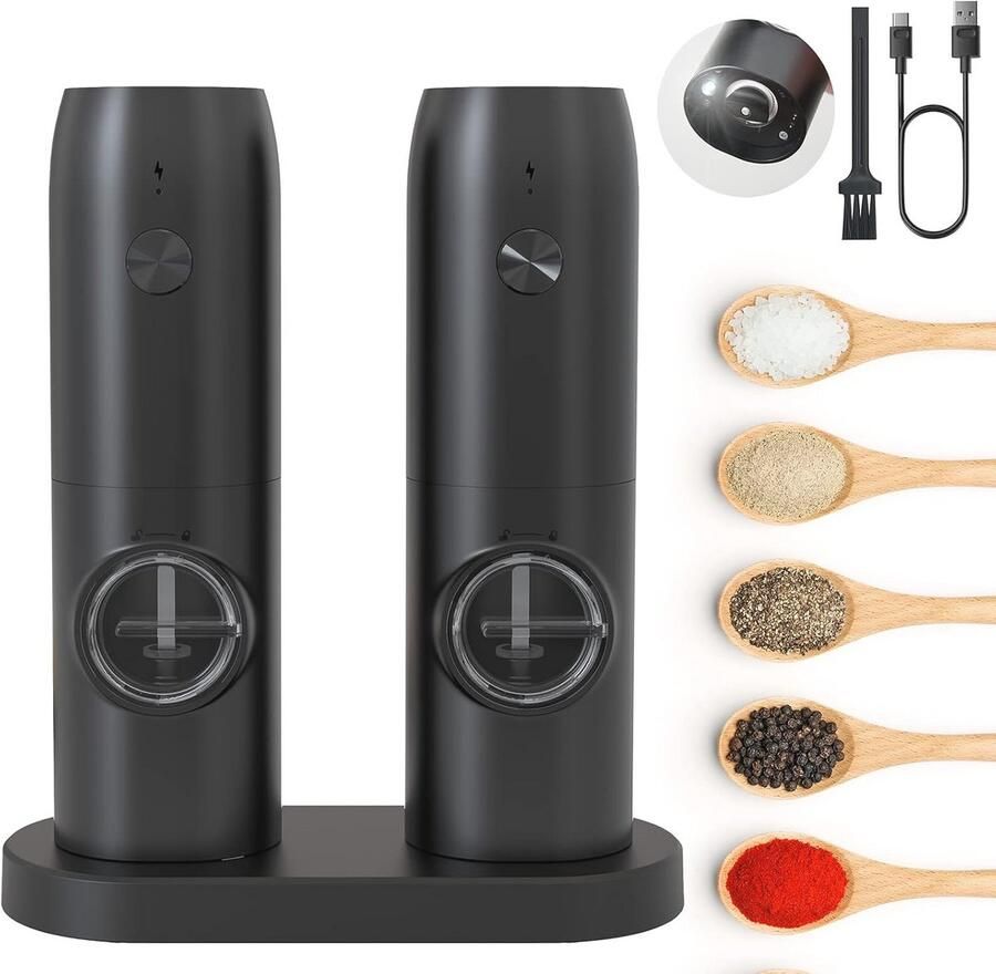 MERTTURM Rechargeable Electric Pepper Mill Automatic Pepper and Salt Mill with LED White Light One Hand Operation Adjustable Coardeness Refillable and Portable for Kitchen Restaurant Camping