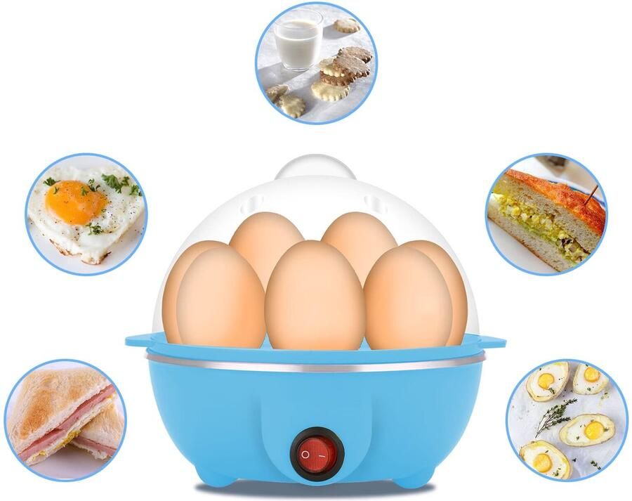 Met deze snelle elektrische eierkoker kunt u hardgekookte eieren gepocheerde eieren roereieren omeletten gestoomde groenten zeevruchten en dumplings bereiden. 7Ounce-inhoud met automatische uitschakelfunctie blauw - Foto 2